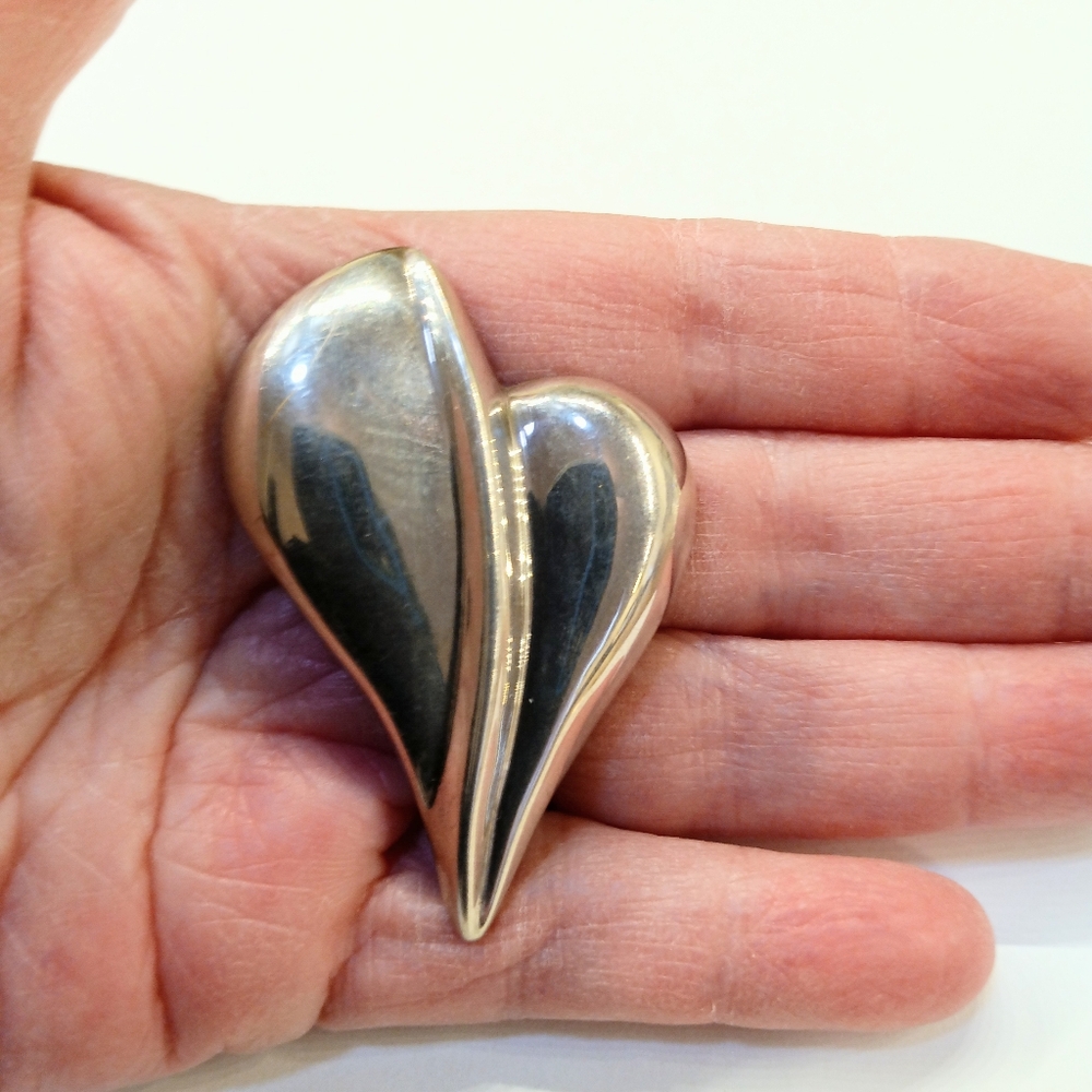 Sterling Silver Abstract Heart HUGE Vintage Brooch